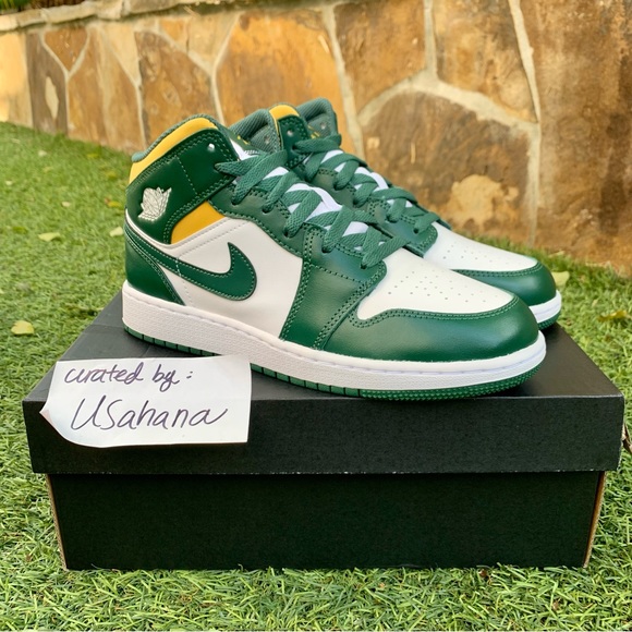 Nike Air Jordan 1 mid GS green white shoes - Picture 3 of 4